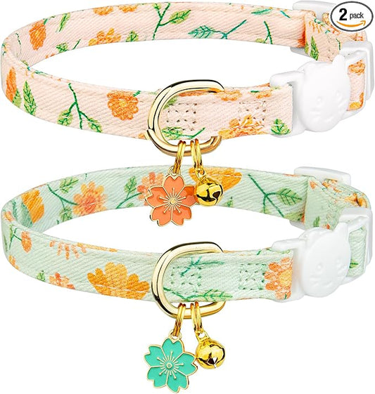2 Pack Cotton Breakaway Cat Collar Beige and Green Flowers Pendant Cute Kitten by Fyeqyaou