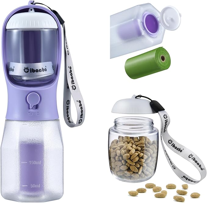 Cibaabo Dog Water Bottle with Food Container & Poop Bag Holder, Travel Water by Cibaabo