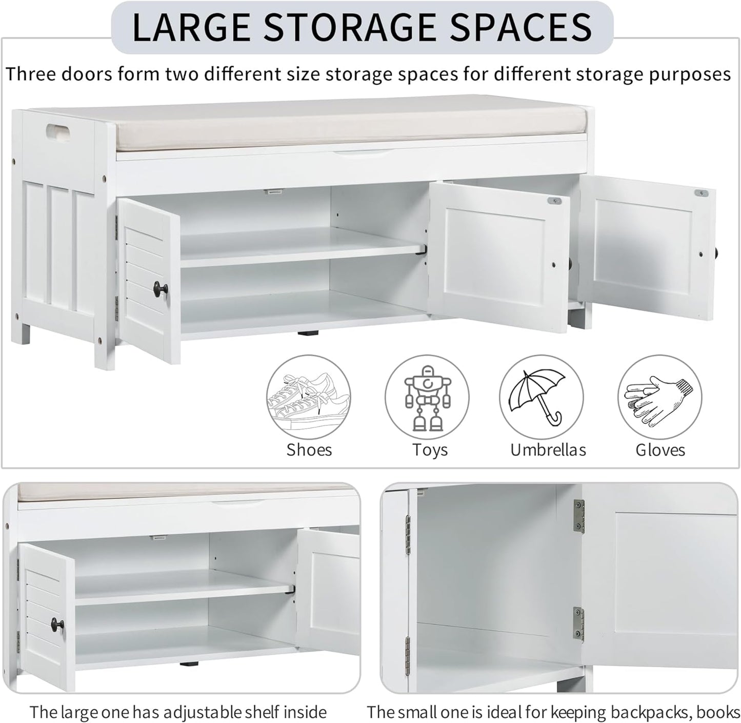 Storage Bench with 3 Shutter-Shaped Doors, Pine Wood Shoe Bench with Removable Cushion and Hidden Storage Space for Living Room, Entryway 43.5" L x 16" W x 18" H (White)