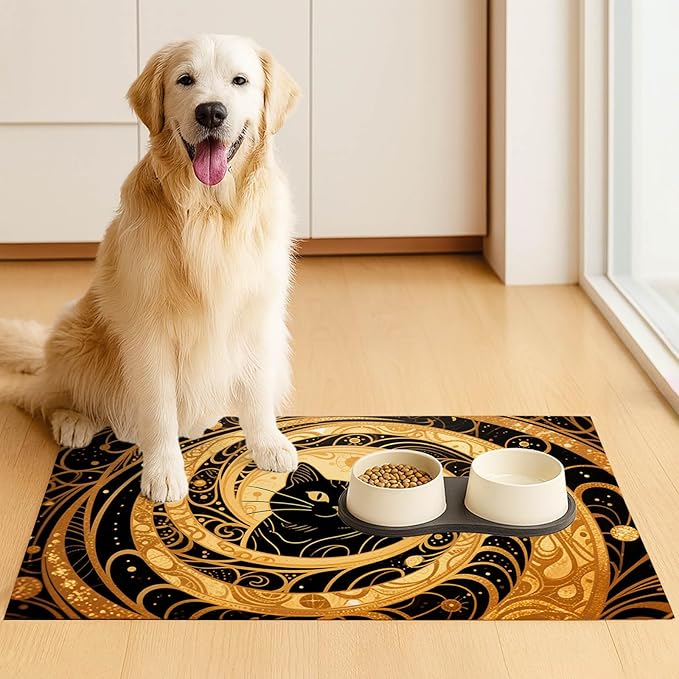 HOMETITUTE Cat Feedings Mats 20x12 inch Golden Cat Print Pet Bowl Placemat Non - Image 3