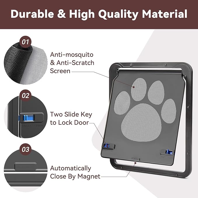 Cat Door for Screen Door with Magnetic Auto-Close, Dual Lockable Tabs Doggy - Image 3