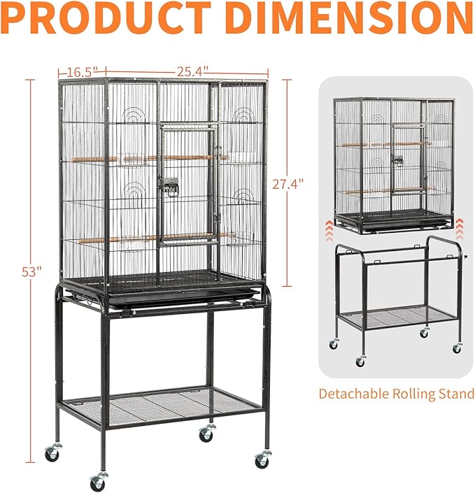 VINGLI 53-inch Bird Cage with Wheels, Durable Wrought Iron Parakeet Cage with - Image 5