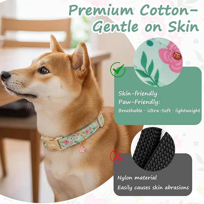 Dog Collar with Pink Floral Patterns, Spring Summer Collection Green Dog Collar - Image 4