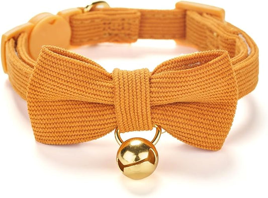 Soft Corduroy Cat Collar with Bell and Bowtie, Safety Breakaway Clasp, by Petiry