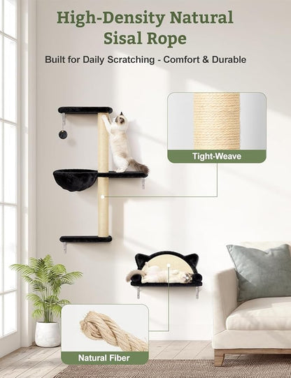 5-in-1 Cat Wall Shelves, Solid Wood & Velvet & Sisal Scratcher, 44lbs Max Load - Image 8