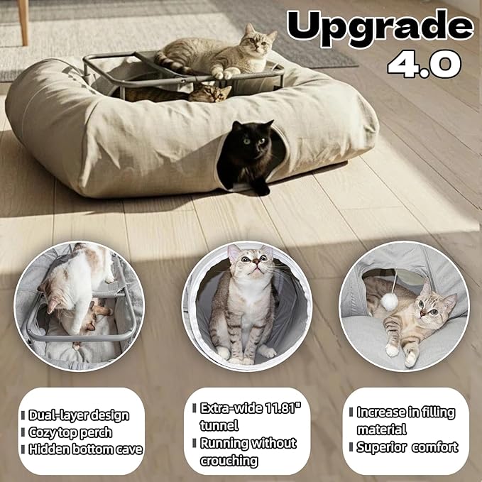 XxingSheep 2-Tier Hammock XXL Cat Tunnel Bed, 4 Cave Premium Hemp Fabric - Image 2