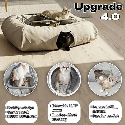 XxingSheep 2-Tier Hammock XXL Cat Tunnel Bed, 4 Cave Premium Hemp Fabric - Image 2
