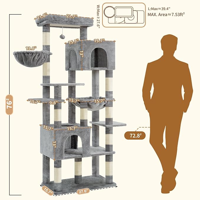 Heybly Cat Tree, 76-Inch Tall Heavy Duty Cat Tower - Image 2