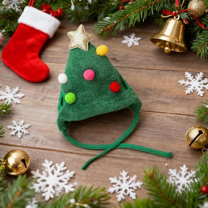 Christmas Tree Headwear Hat for Pet Decorations Star Pompoms Christmas Dog - Image 2