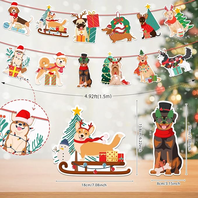Cute Christmas Dog Puppy Reindeer Antlers Hanging Scarf Hat Banner - Image 2