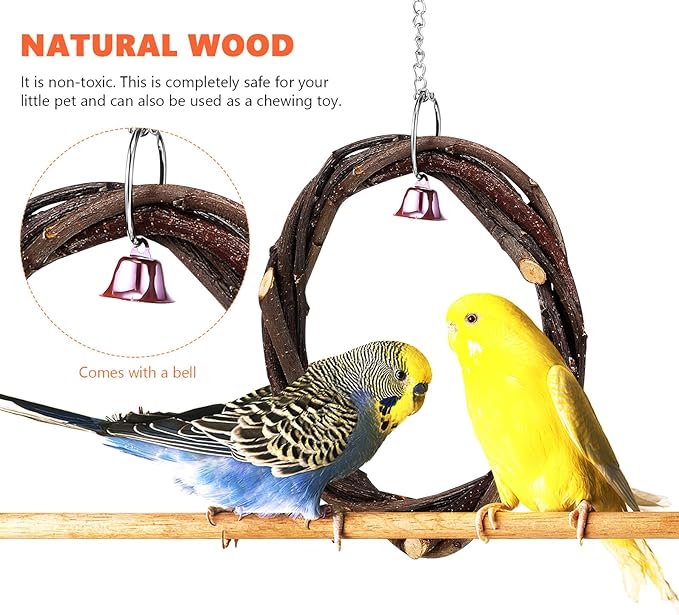 Wood Bird Swing 2pcs with Bell and Woven Ring Natural Wood Hanging - Image 8
