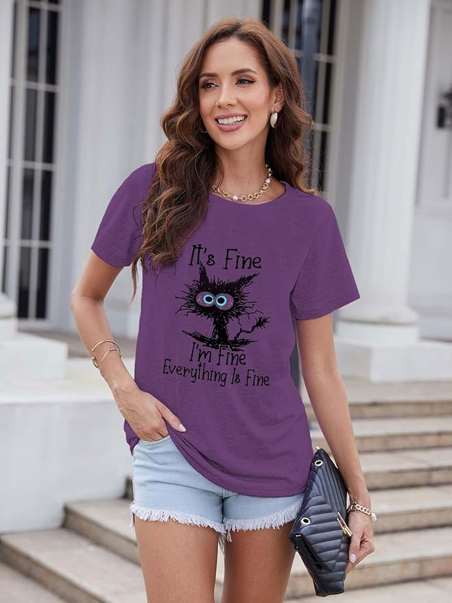 Funny Cat T Shirts for Women Everything is Fine Graphic Tees Casual Short - Image 2