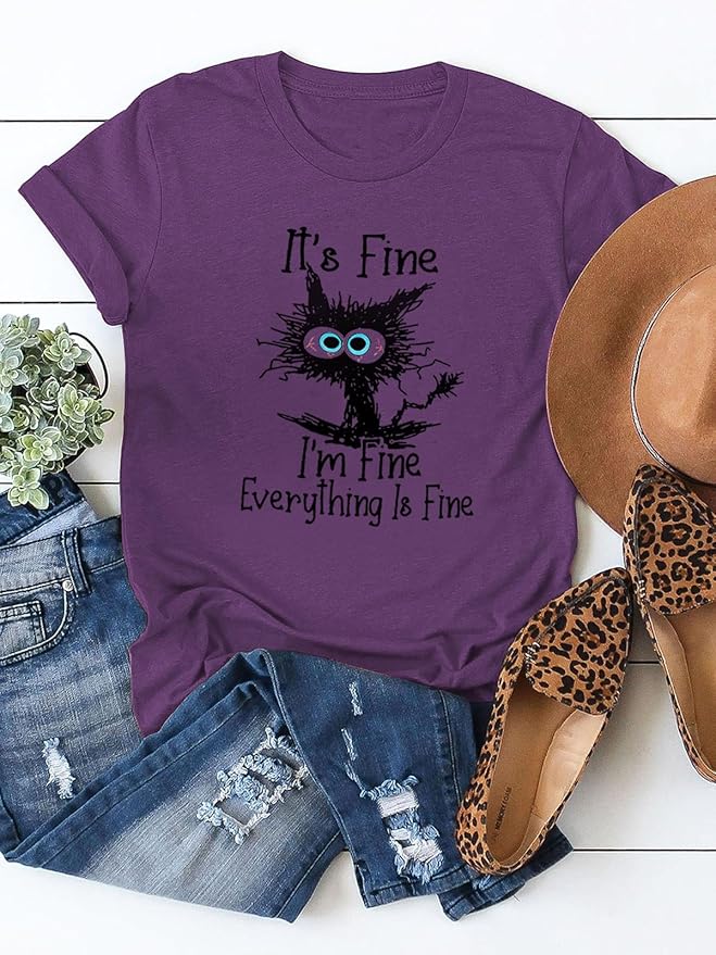 Funny Cat T Shirts for Women Everything is Fine Graphic Tees Casual Short - Image 3
