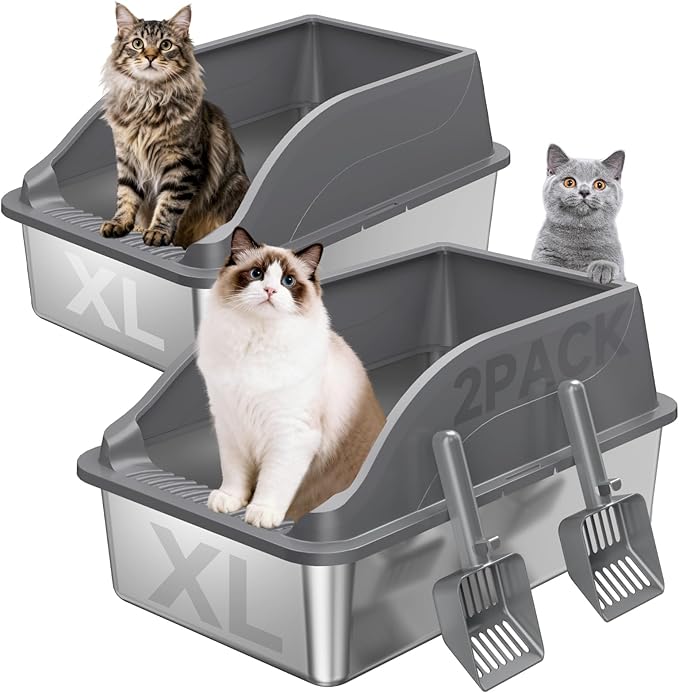 2PACK Stainless Steel Litter Boxes, Extra Large XL Odor Free Metal Litter Box by KISENG