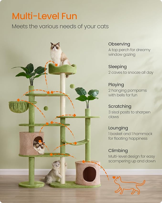 Feandrea Cat Tree, 68.1-Inch Tall Cat Tower, 3 Scratching Posts, 2 Pompoms - Image 4