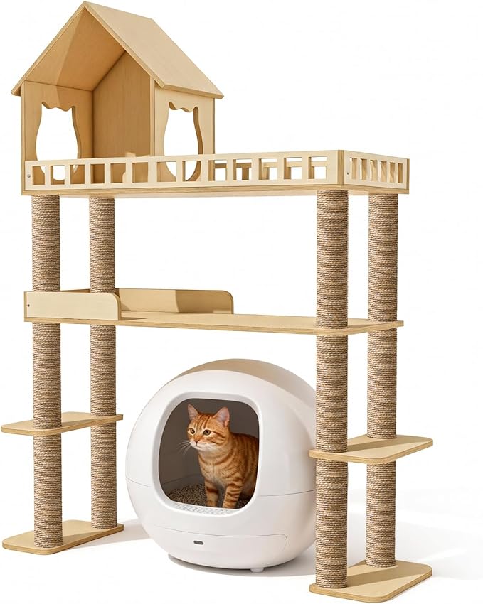 Wood Cat Tree for Automatic Litter Box, 60.2 Inch Tall Modern Cat Tree Tower - Image 7