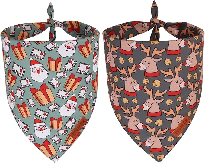 PTDECOR Christmas Dog Bandana, Santa Gift Box and Deer Design Reversible by PTDECOR