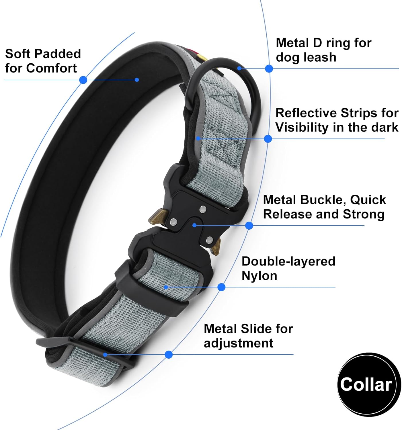 Plutus Pet Tactical Dog Collar, Reflective, Adjustable Heavy Duty Dog Collar, Soft Padded and Comfortable, for Small Medium and Large Dogs (Gray, M)