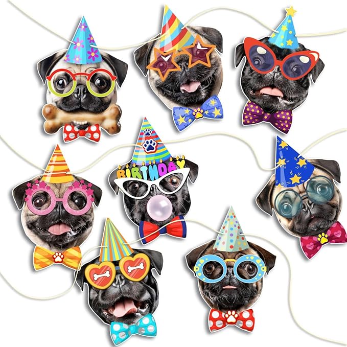 Pug Birthday Garland — Photographic Pug Faces Birthday Banner, Funny Pug Bday by Momapopup