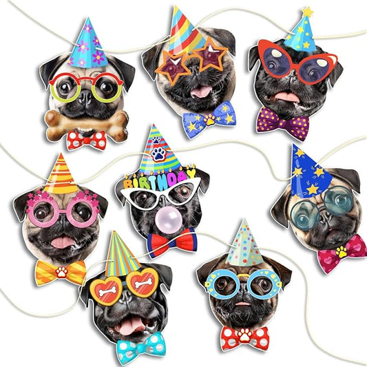 Pug Birthday Garland — Photographic Pug Faces Birthday Banner, Funny Pug Bday by Momapopup