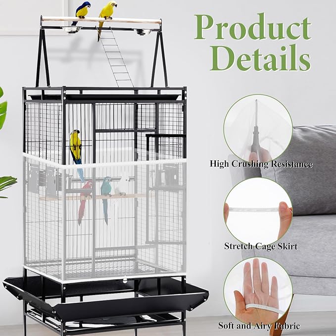 Trinkrittey Bird Cage Seed Catcher White Bird Cage Net Cover Adjustable Birds - Image 3