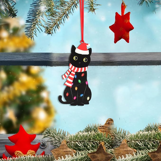 Black Cat Christmas Ornament Wooden Funny Cat Tree Hanging Pet Ornaments Xmas - Image 3