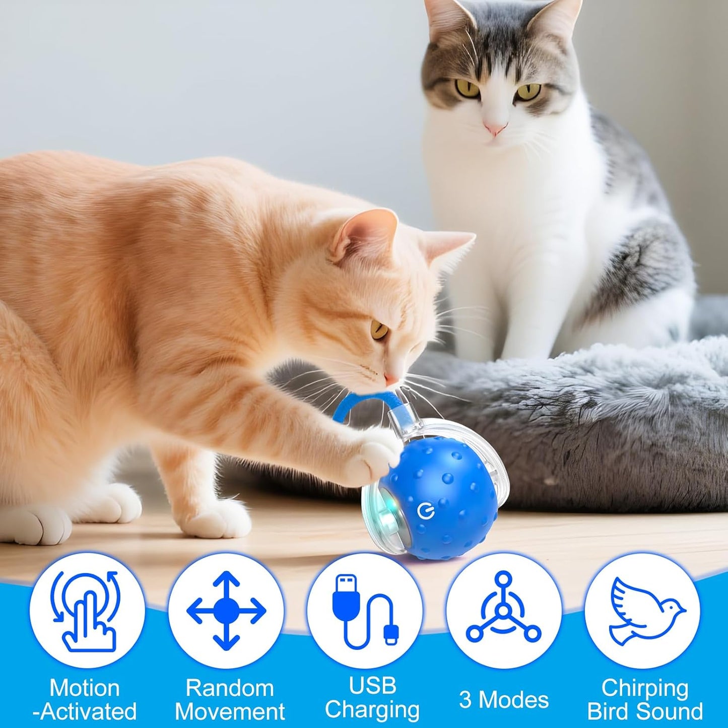 2pcs Tiny Fetch Dog Toy, Tinyfetch Interactive Dog Cat Toys Balls with Birdsong, 360° Smart Automatic Rolling Dog Ball Toy with Rope for Pets Indoor & Outdoor Play (Blue+Red)