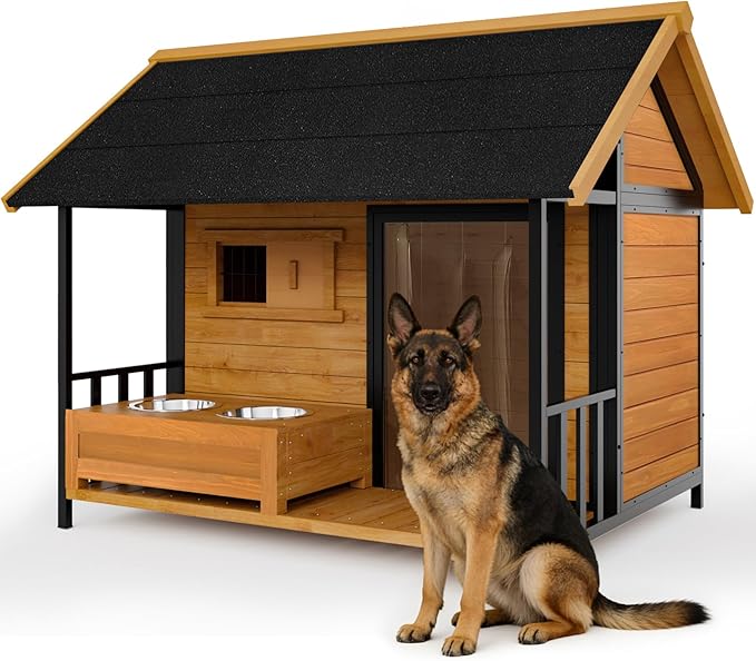 Large Dog House with Dog Bowls Stand, Outdoor Weatherproof XL Dog Kennel with by HomeSheek