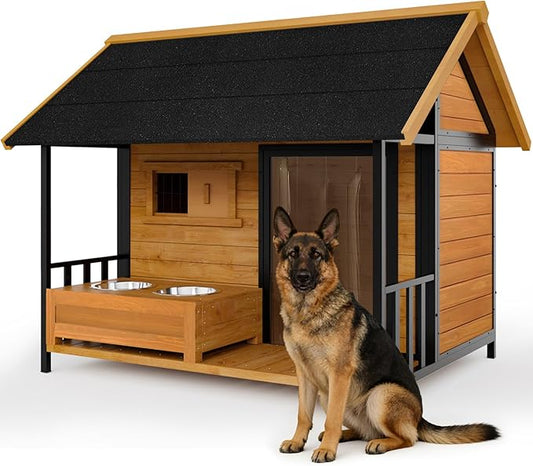 Large Dog House with Dog Bowls Stand, Outdoor Weatherproof XL Dog Kennel with by HomeSheek