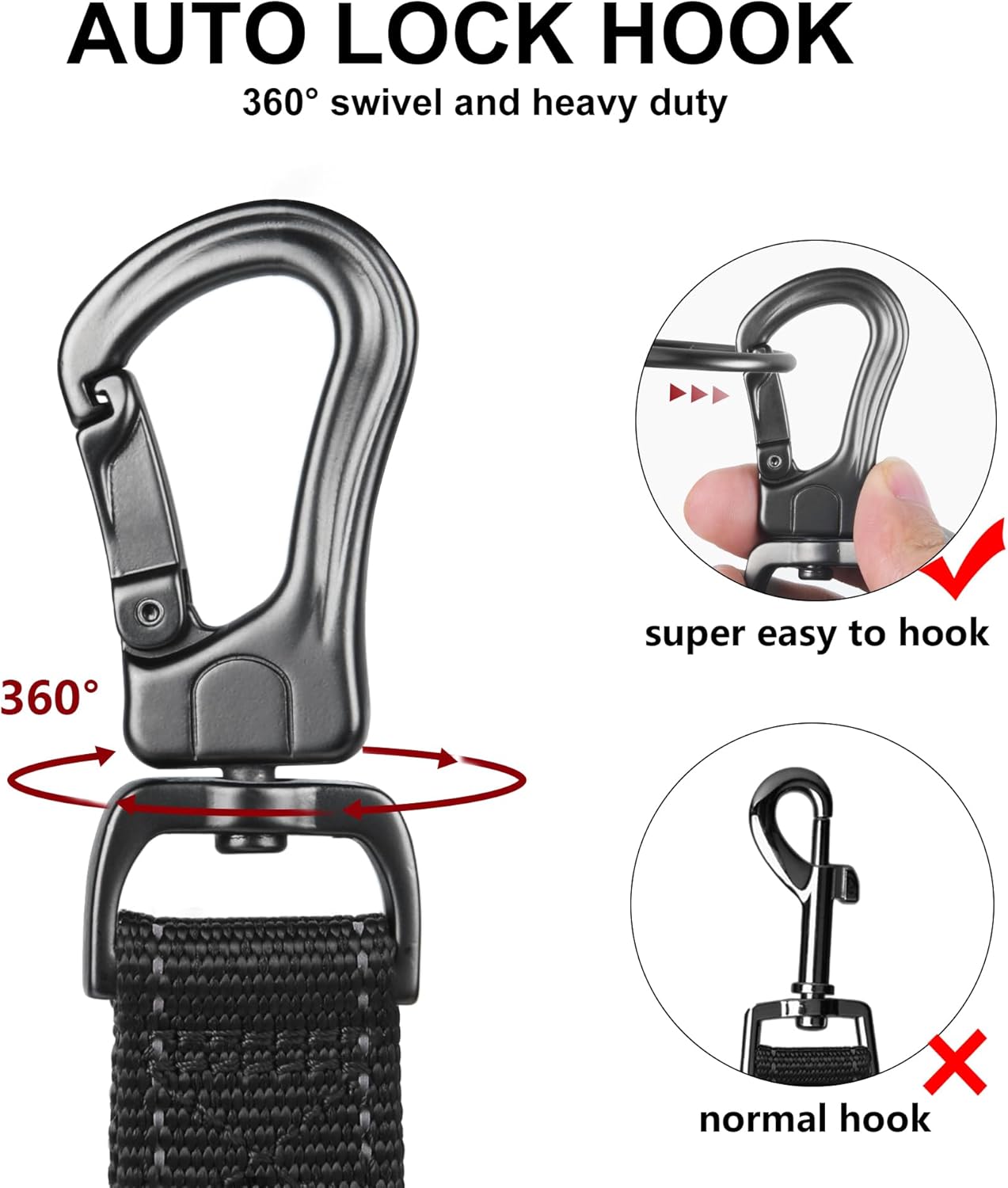 TwoEar 4FT 1IN Strong Black Dog Leash with 2 Padded Handles, Traffic Handle Extra Control, Comfortable Soft Dual Handle, Auto Lock Hook, Reflective Walking Lead for Small Medium and Large Dogs