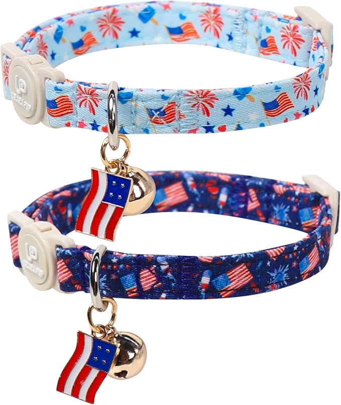 4th 0f July Cat Collar, Summer Baseball Blue Cat Collar by UPURARAPUP