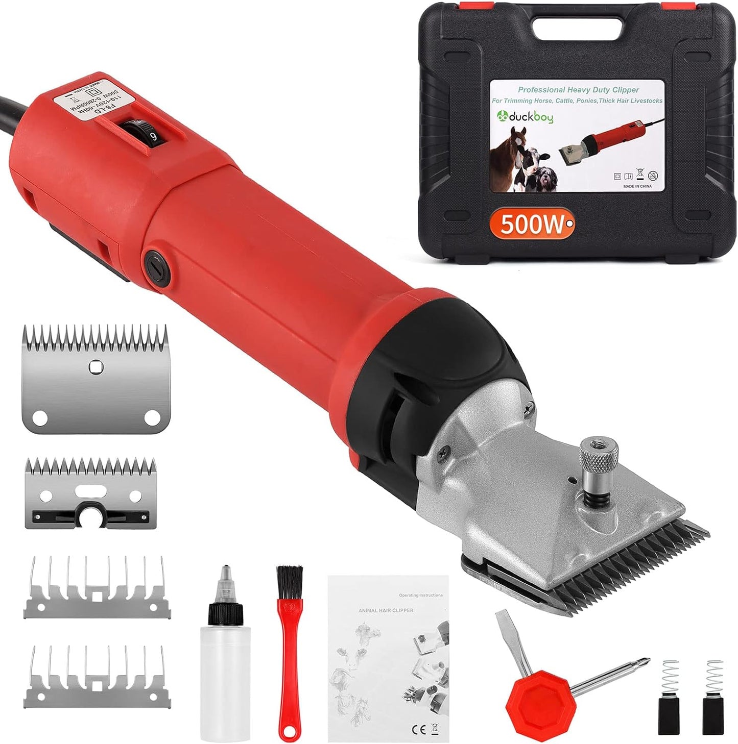 DUCKBOY Heavy Duty Clippers for Thick Coats Animals, 500W Professional Electric Shearing Machine for Horse Pony Cattle and Large Dogs Livestocks Grooming, 6 Speed & 2 Detachable Shearing Blades