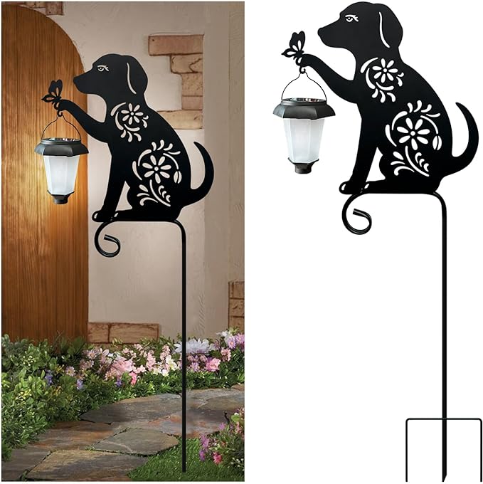 Dog Holding Solar Lantern Garden Stakes Outdoor Metal Dog Stakes Decorative by YY-Ladybug