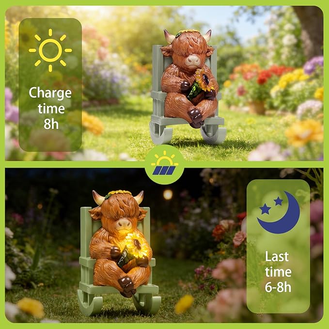 Sheaifun Solar Garden Statues Highland Cow Garden Decor Resin Highland Cow - Image 5