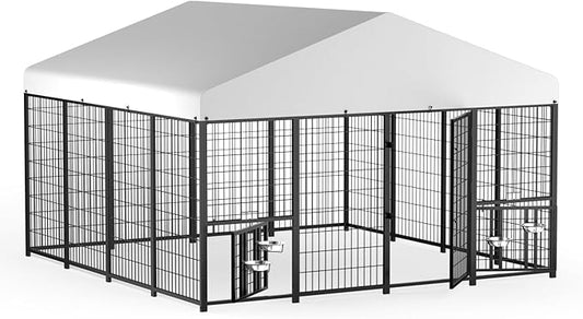 LOVMOR Outdoor Dog Kennel with Roof, Heavy Duty Steel Dog Run Enclosure by LOVMOR