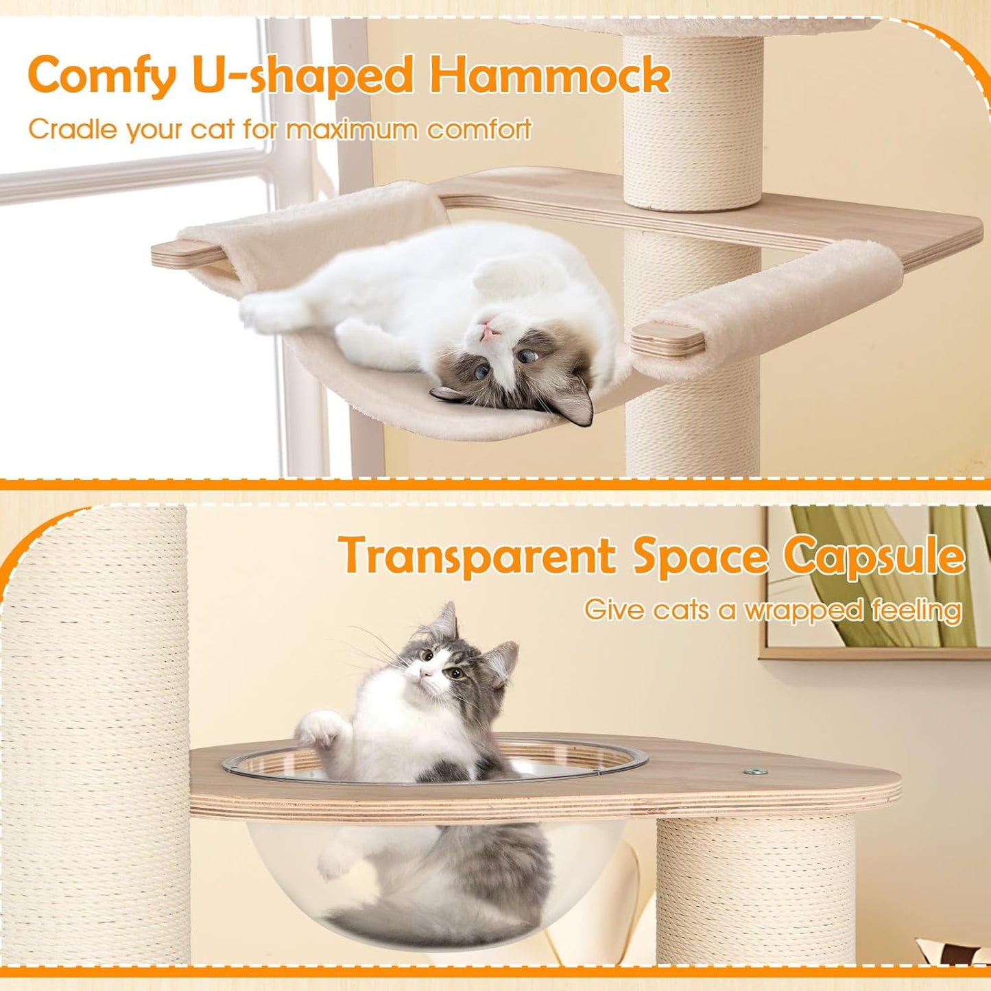 Tangkula 69” Tall Cat Tree, Multi-Layer Wood Cat Tower with Scratching Posts, Perch, Condo, Space Capsule, Hammock, Washable Cushions, Modern Cat Tree Tower for Indoor Cats Large Adult