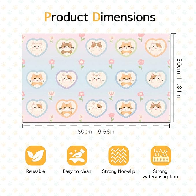 HOMETITUTE Cat Food Mat Pastel Heart Kitten Print, Non-Slip Elegant Pet Bowl - Image 6