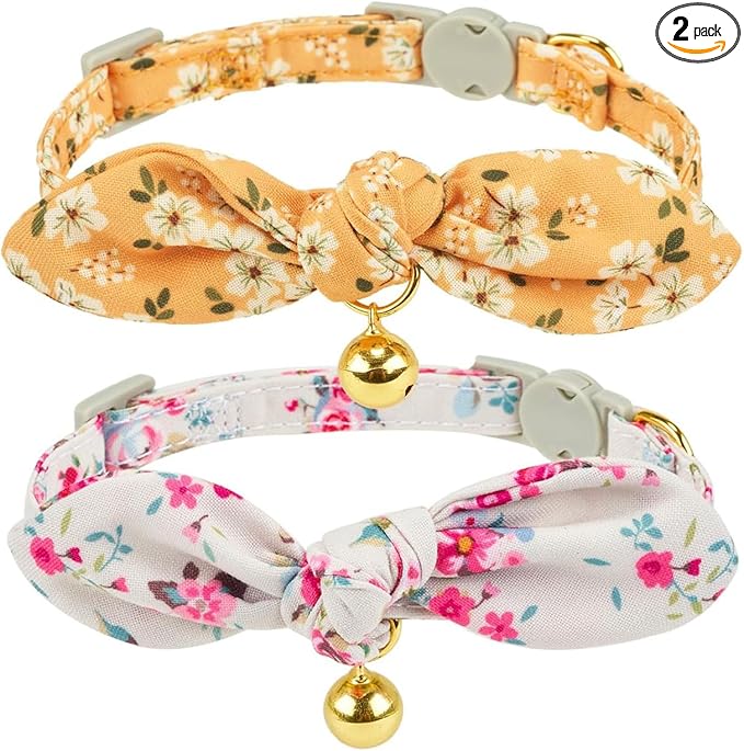 2 Pack Cotton Cat Collar, Removable Bowtie, Floral Pattern, Safety Breakaway by Petiry