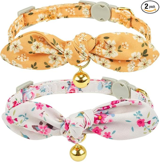 2 Pack Cotton Cat Collar, Removable Bowtie, Floral Pattern, Safety Breakaway by Petiry