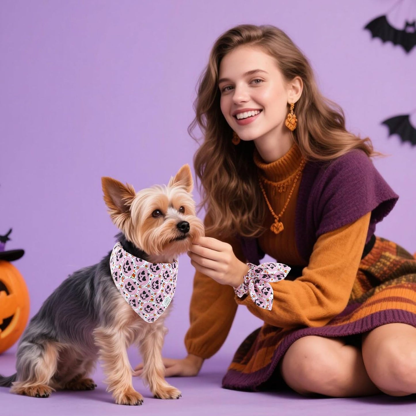 E-Clover Halloween Dog Bandanas & Matching Scrunchie Set Girl Cute Pink Pumpkin Dog Scarf Bibs Pet Bandana with Bow Tie for Small Dogs Puppy Owner Mom