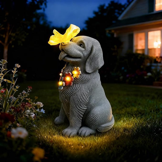 Dog Garden Statue with Solar Butterfly Light by Loungelore