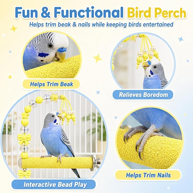 Bird Parrot Perch with Beads and Bow Chew Toy, Cage Platform Toy and Exercise - Image 2