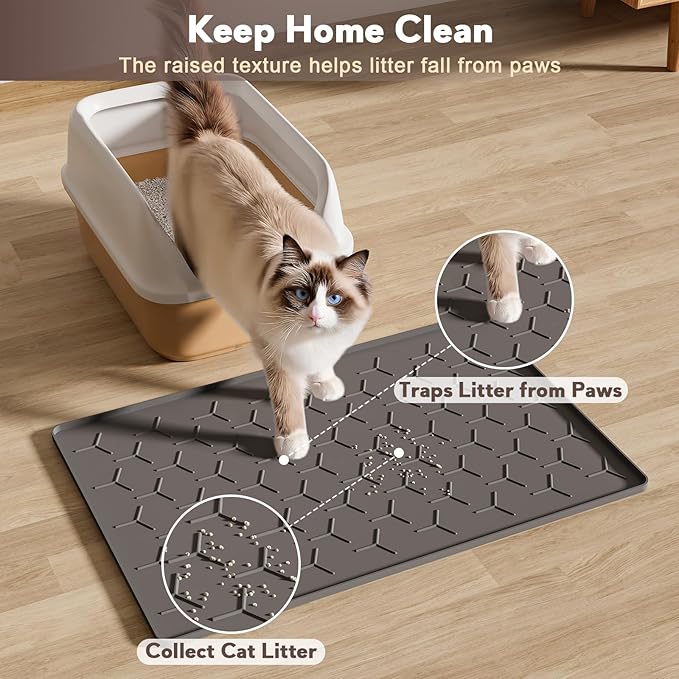 Garoopion Cat Litter Box Mat, Silicone Kitty Litter Mat, Dark Gray - Image 3