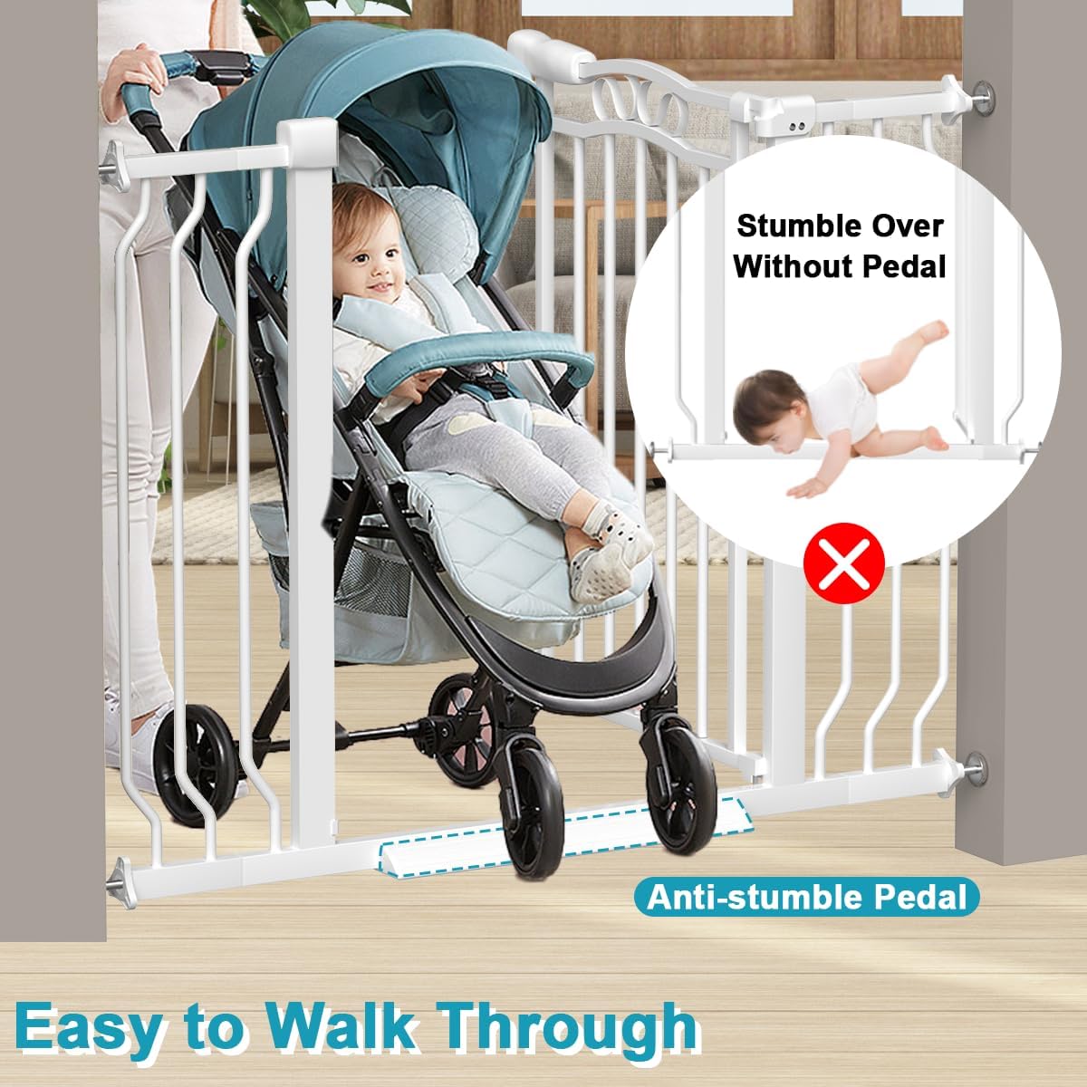 29.9-33.4 in Wide Baby Gate for Stairs Doorways, Auto Close Child Safety Gates Indoor for Dogs Pets, Pressure Mounted Metal Barrier Kids Toddler Door Walk Through, 30" Tall, White