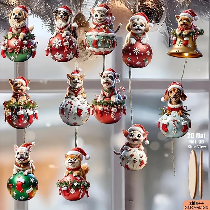 12 Pcs Cute Christmas Ornaments Animal Kitten Puppy Designs Xmas Tree Decoration - Image 5