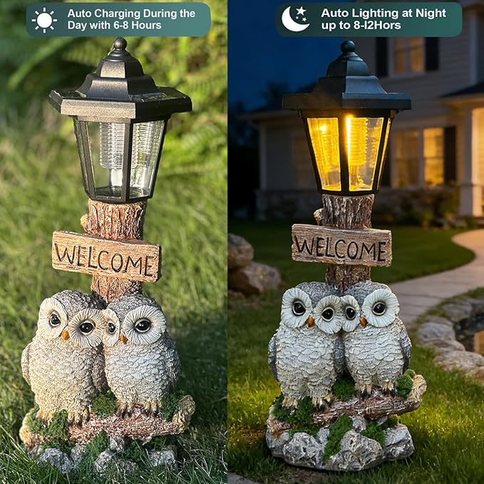Outdoor Garden Owl Statue with Solar Lights, Owl Figure with Welcoming Sign - Image 5