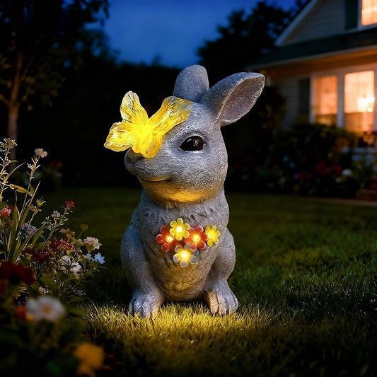 Solar Bunny Garden Statue with Glowing Butterfly by Loungelore
