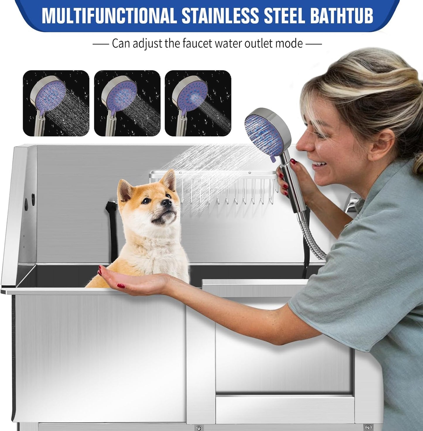 Professional Stainless Steel Dog Grooming Bathtub Station Wash Shower Sink with Faucet Walk-in Ramp and Accessories Pet Grooming Bathtub Station,34" R-RAMP