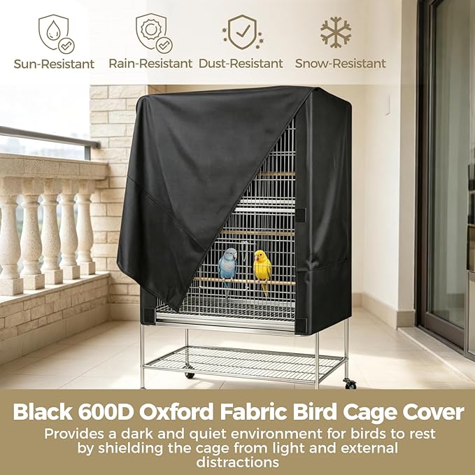 Black 600D Oxford Fabric Bird Cage Cover, 33L x 23W x 41H Inch Weatherproof - Image 2