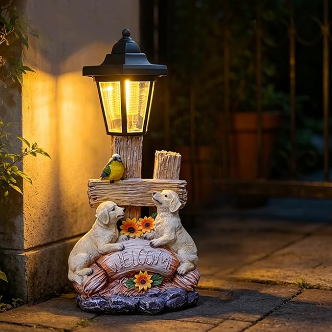 Outside Dog Statue with Solar Lantern, Garden Welcome Sign Dog Solar Figurines by ZYLiWoo